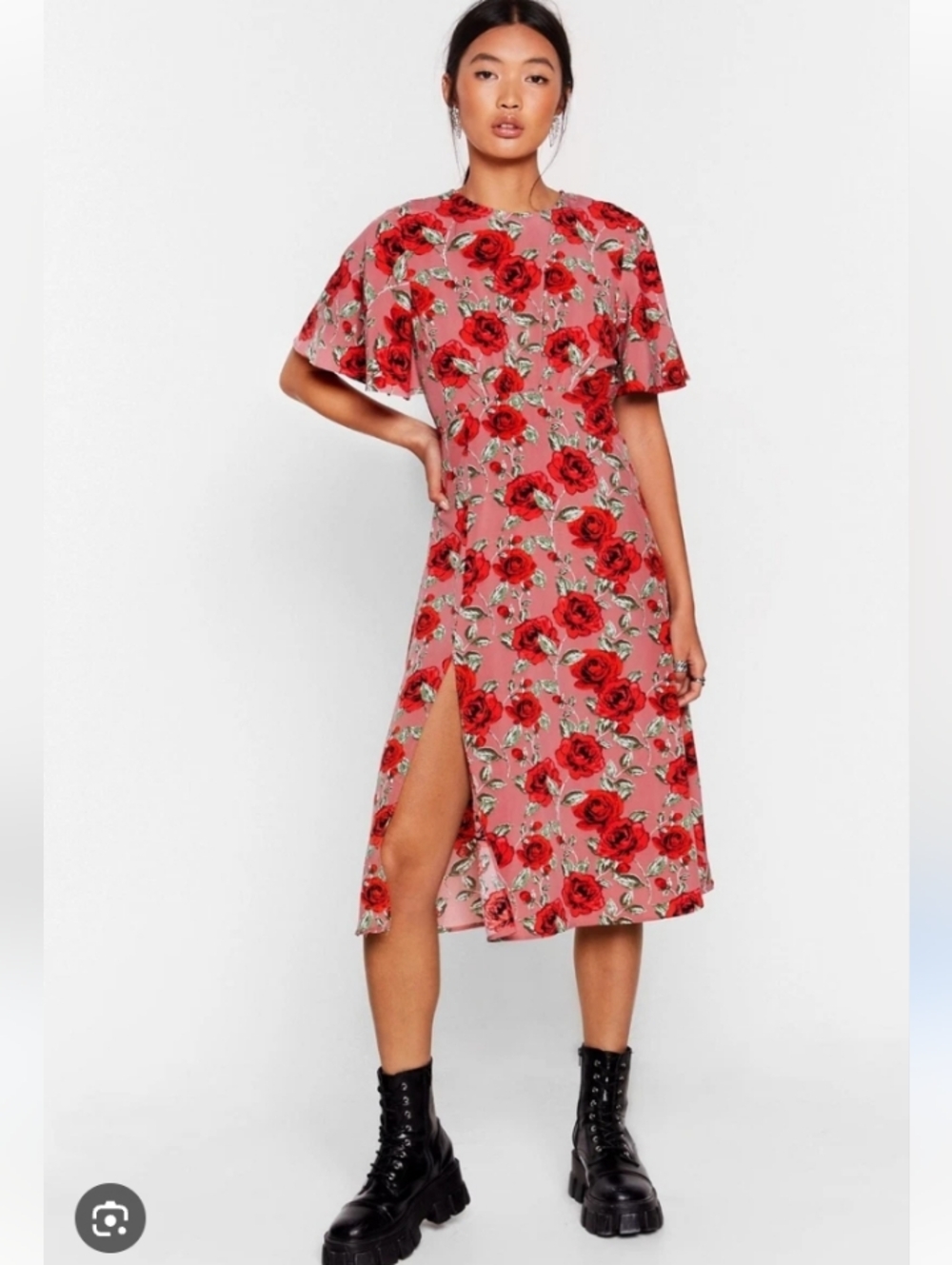 Nasty Gal Dusty Rose Midi Skirt with Red Rose Print
